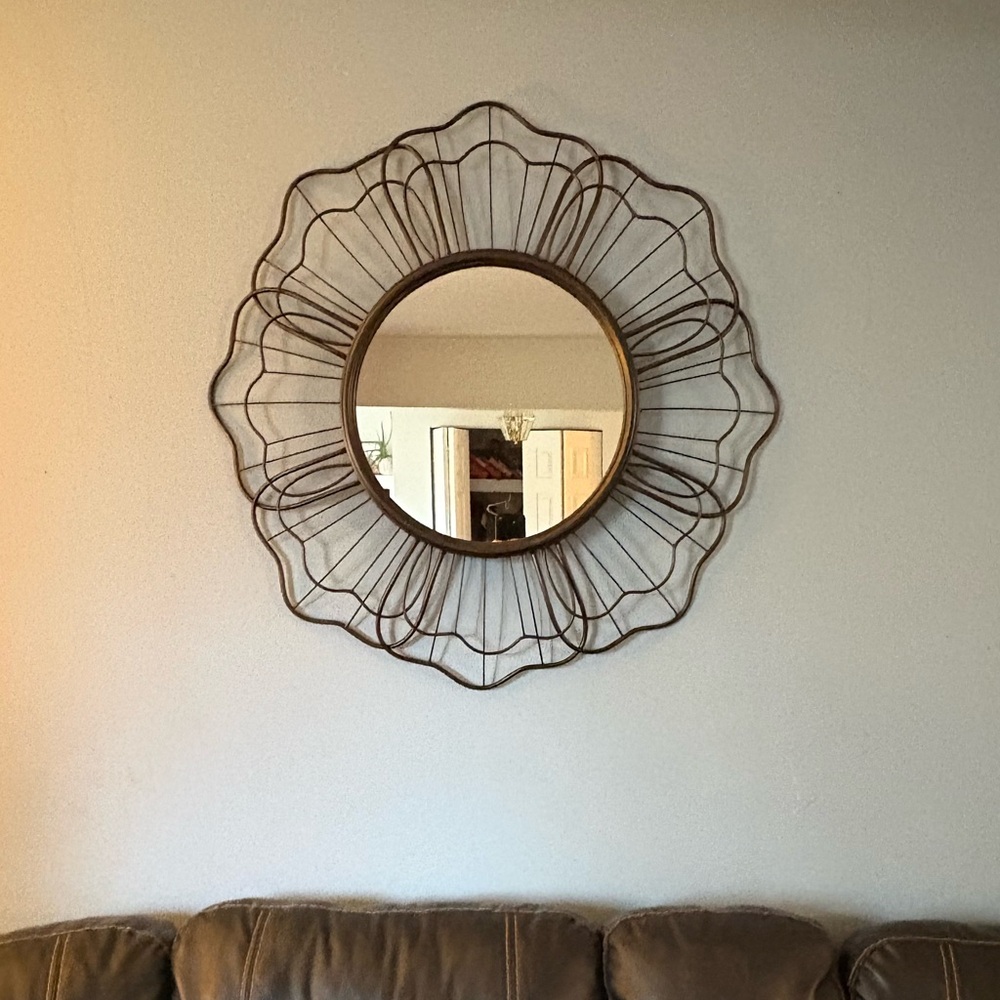 Rustic Refurbished Oil Rubbed Bronze Wired Sunburst Mirror.  *Fragile*